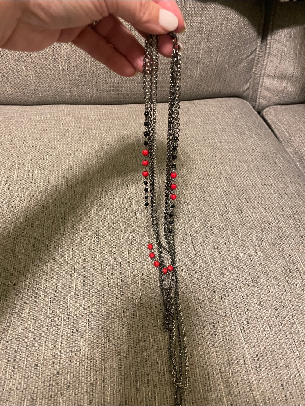 Layered Gunmetal Necklace with Red Accent Beads